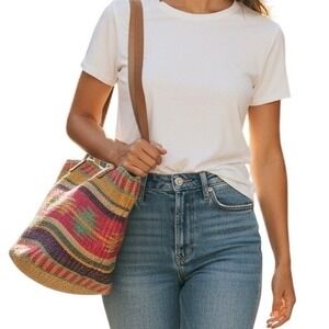 Vintage Mitzi Woven Sisal Shoulder Bag Multi Color Striped Boho Tote Zipper Top